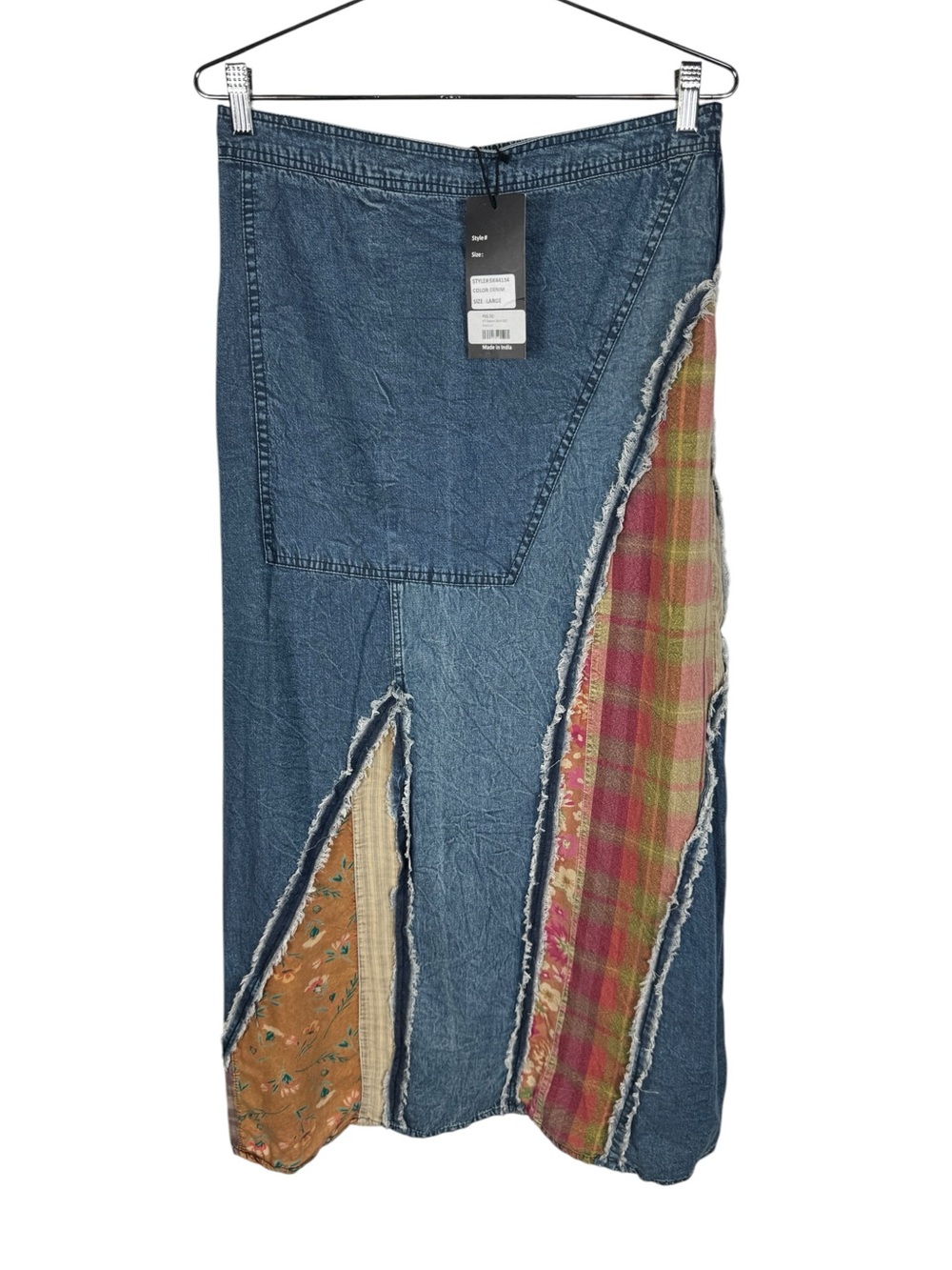 NWT Young Threads Western Boho Chic Patch Inserted Denim Midi Skirt, Size L